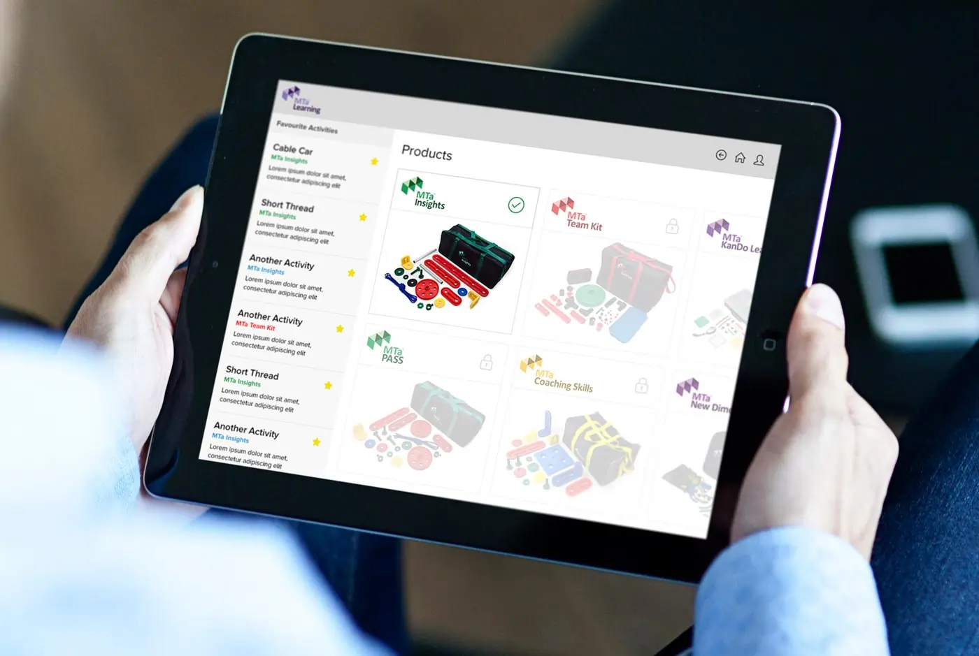 An iPad mockup of the activities available in the various MTa kits