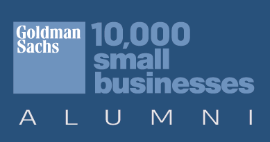 Goldman Sachs 10,000 Small Businesses alumni badge, signifying completion of their entrepreneurship education program