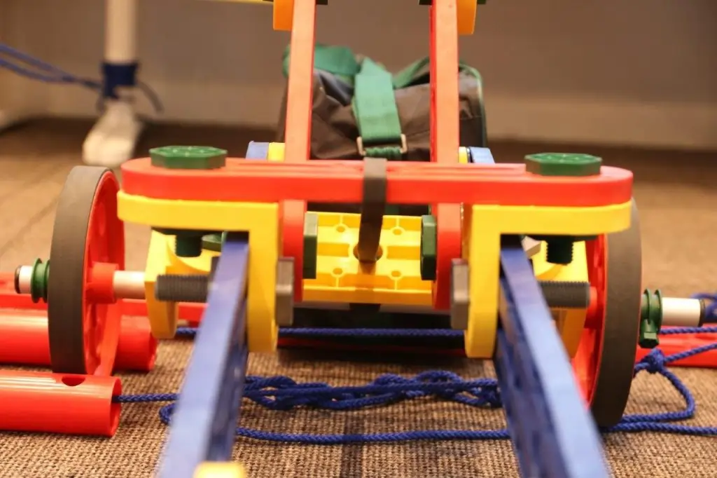 MTa STEM kit components used to build a rubber band-powered car, focusing on alignment and trajectory.