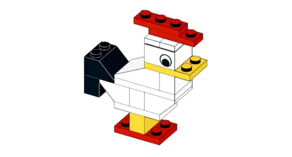 Lego chicken model built with 17 bricks, demonstrating teamwork and problem-solving in the Lego Challenge.